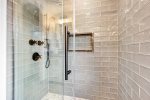 Tile shower with rainfall showerhead and wand